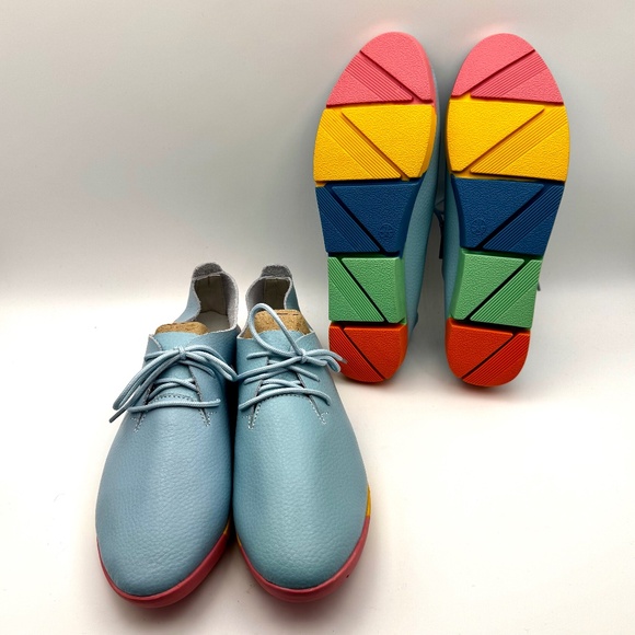 NWOT Lace-up Casual Flat Oxford Lightweight Blue Colourful Soles - Picture 10 of 13